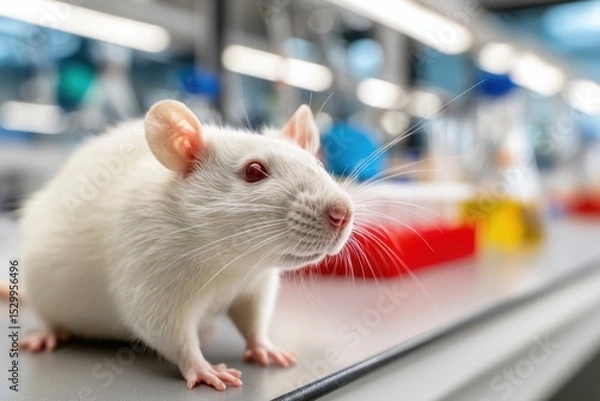 Fototapeta A white laboratory rat wanders across a clean lab table, surrounded by colorful liquids in containers and various scientific equipment under bright artificial lights.
