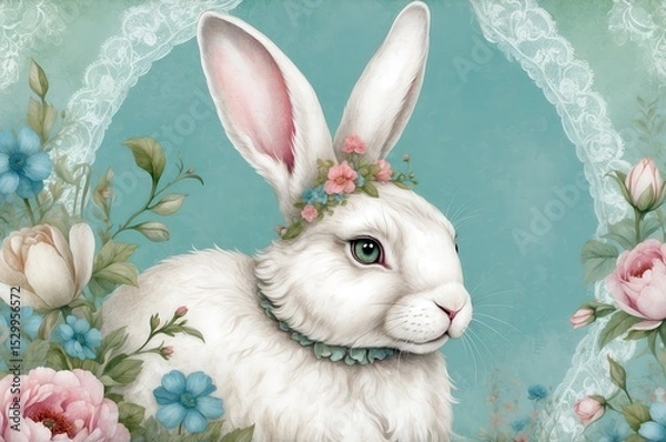 Obraz Cute white rabbit with floral decoration in pastel color background showcasing a whimsical springtime theme
