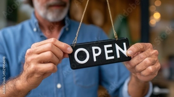 Fototapeta Business owner displays an open sign outside a charming local shop, welcoming customers with a warm smile. Bright light enhances the inviting atmosphere of the establishment during the day.