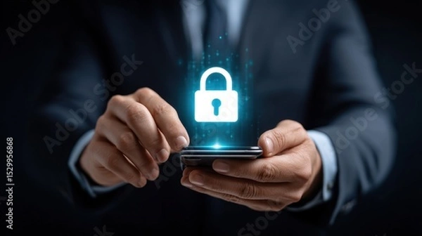 Fototapeta A person dressed in formal attire interacts with a smartphone, displaying a glowing lock symbol above the device, indicating a focus on mobile security in today's technology-driven world.