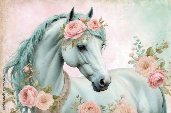 Obraz Majestic white horse adorned with roses and floral elements in a serene pastel setting