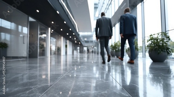 Fototapeta Two business professionals in suits walk side by side down a sleek, modern office corridor featuring floor-to-ceiling windows that fill the space with light and greenery.