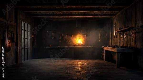 Obraz Historical Viking blacksmith shop iron tools leather aprons glowing forge wooden walls cultural authenticity photorealistic Scandinavian craftsmanship