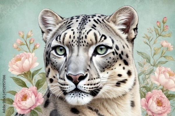 Obraz Beautiful snow leopard portrait surrounded by colorful flowers in a tranquil setting