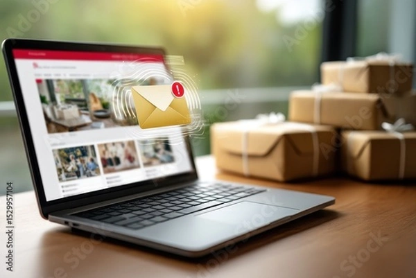 Fototapeta A laptop sits on a wooden desk, displaying an online shopping site.