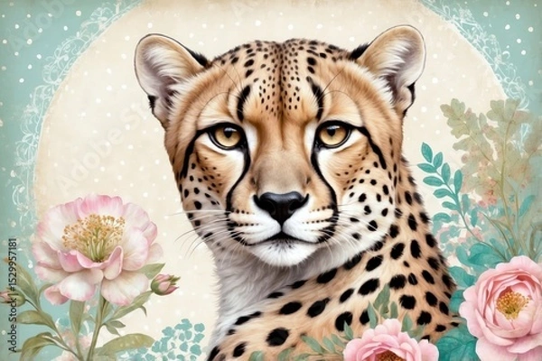 Obraz Cheetah portrait surrounded by delicate flowers showcasing beauty and grace in wildlife art