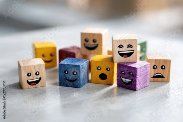 Obraz A collection of vibrant wooden blocks, each displaying a unique expression, scattered playfully on a light background. These blocks evoke a sense of joy and creativity.