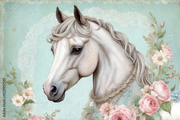 Obraz Beautiful white horse portrait surrounded by soft florals in pastel colors with elegant detailing