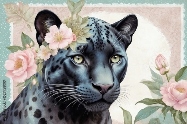 Obraz Majestic black leopard adorned with flowers in a colorful and artistic setting