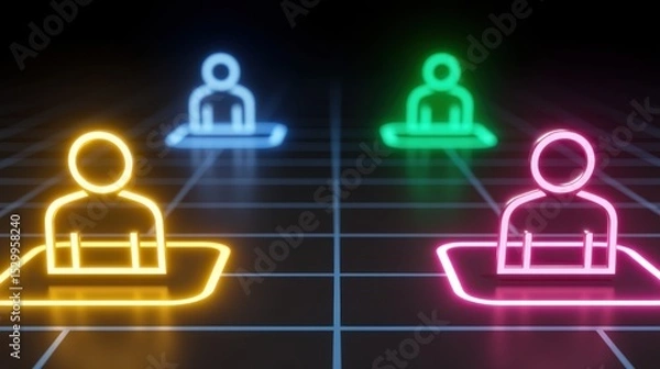 Fototapeta Neon outlines of four digital avatars are positioned on a glowing grid, visually representing a virtual gathering.