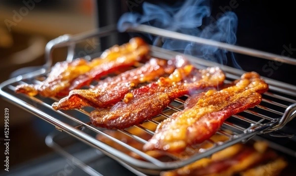 Fototapeta Bacon strips are cooking on a grill rack, emitting steam and a savory smell. The golden brown color highlights the crispiness, making it an enticing breakfast choice.