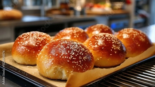 Fototapeta Soft, fluffy sesame rolls rest on a baking tray, cooling after being freshly baked in a warm kitchen. Golden crusts and sesame seeds create an inviting visual, perfect for any meal.