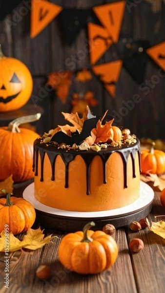 Obraz Orange Halloween cake with chocolate drips, pumpkins, and fall leaves