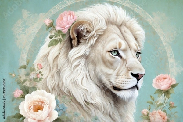 Obraz Majestic white lion surrounded by elegant pink roses in artistic design