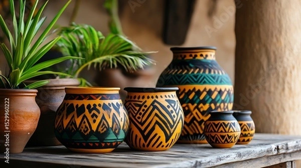 Obraz Native American pottery workshop clay shaping sun drying pots traditional geometric patterns natural dye colors photorealistic indigenous craft scene