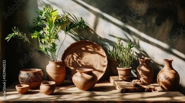 Obraz Native American pottery workshop clay shaping sun drying pots traditional geometric patterns natural dye colors photorealistic indigenous craft scene