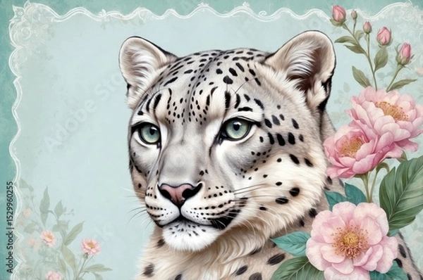 Obraz Majestic snow leopard portrait surrounded by vibrant flowers in a serene setting