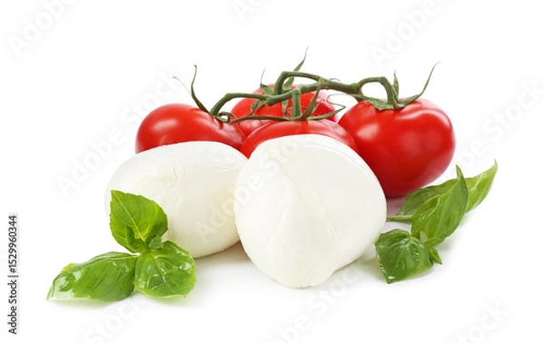 Fototapeta Tasty mozzarella cheese balls, tomatoes and basil on white background