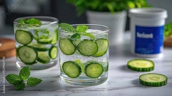 Fototapeta Cucumber-mint infused water in glasses, marble surface