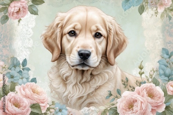 Obraz Golden retriever surrounded by pink and blue florals in a delicate, artistic setting capturing a serene moment