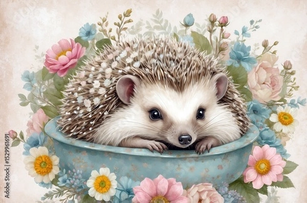 Obraz Cute hedgehog resting in a bowl surrounded by colorful flowers in a whimsical garden setting