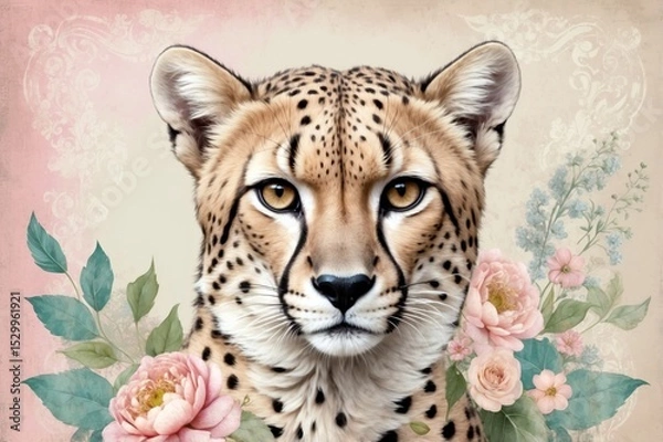 Obraz Cheetah with floral backdrop displays elegance and strength in a beautifully composed artwork