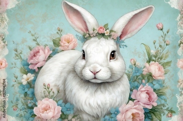 Obraz White rabbit surrounded by colorful flowers in a whimsical, dream-like setting evokes a sense of enchantment and beauty in nature
