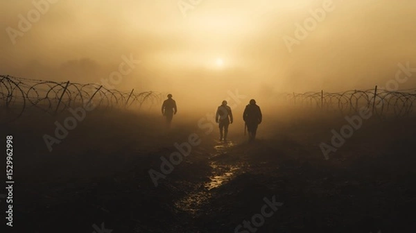 Obraz World War I battlefield trenches soldiers in muddy uniforms barbed wire barren landscape smoky atmosphere historically accurate weapons and gear photorealistic war zone