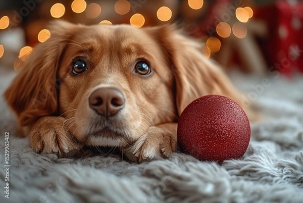 Obraz Red dog with a New Year's red ball close-up looks at the camera, New Year's mood