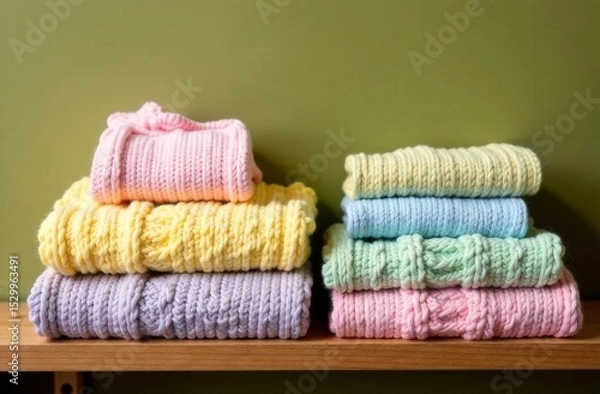Fototapeta A stack of multicolored knitted sweaters in bed shades of yellow, pink, blue and green is neatly laid out on a wooden shelf against a green wall.
