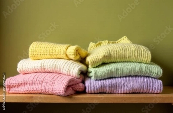 Fototapeta A stack of multicolored knitted sweaters in bed shades of yellow, pink, blue and green is neatly laid out on a wooden shelf against a green wall.