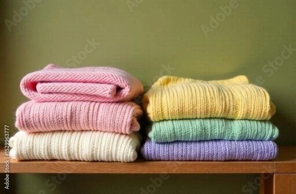 Fototapeta A stack of multicolored knitted sweaters in bed shades of yellow, pink, blue and green is neatly laid out on a wooden shelf against a green wall.
