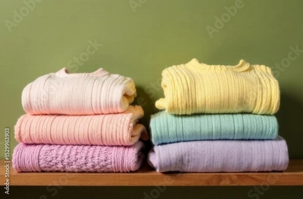Fototapeta A stack of multicolored knitted sweaters in bed shades of yellow, pink, blue and green is neatly laid out on a wooden shelf against a green wall.
