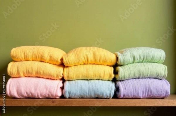 Fototapeta A stack of multicolored knitted sweaters in bed shades of yellow, pink, blue and green is neatly laid out on a wooden shelf against a green wall.