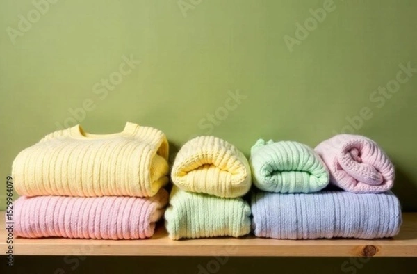 Fototapeta A stack of multicolored knitted sweaters in bed shades of yellow, pink, blue and green is neatly laid out on a wooden shelf against a green wall.