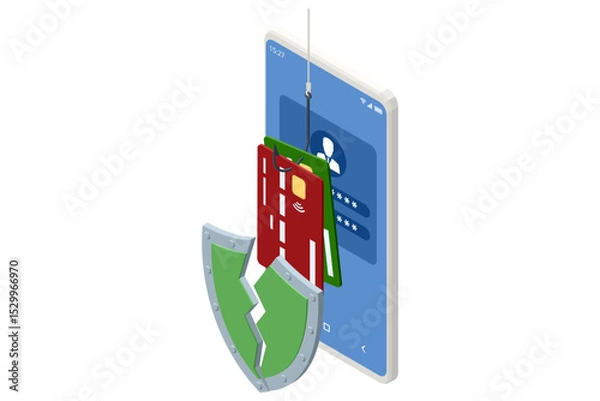 Obraz Isometric design showing a smartphone with a dangling fishhook pulling a login form off the screen, emphasizing credential-stealing phishing scams on mobile devices. Phishing attack