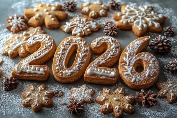 Fototapeta Numbers 2026 from cookies on a light background, new year