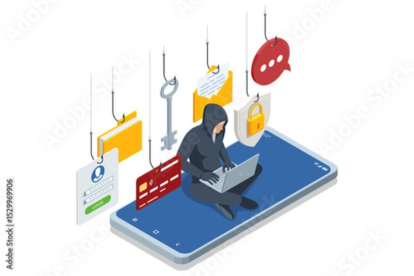 Obraz Isometric hooded hacker on a smartphone keyboard, surrounded by hooks snaring emails, login forms, credit cards, padlock icons, all flagged with red warning triangles to illustrate a phishing attack.