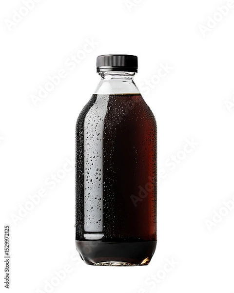 Obraz Cold brew coffee bottle condensation plain white background trendy drink concept ideal for cafe branding and beverage product marketing