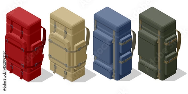 Obraz Isometric A durable, spacious hiking backpack with a rigid ergonomic back panel, adjustable shoulder straps, and multiple external pockets for organized gear storage on long treks.