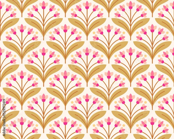 Obraz Modern cute floral art deco seamless pattern. Vector damask illustration with leaves. Decorative botanical background.
