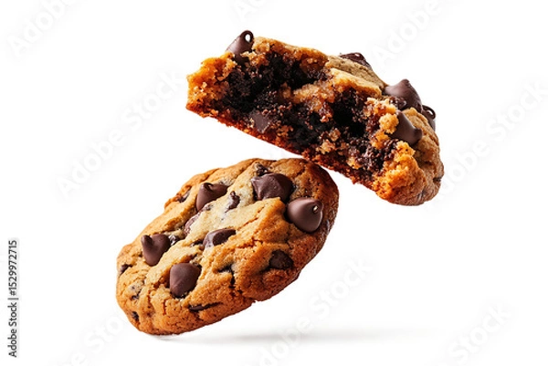 Obraz Crispy chocolate chip cookie broken half floating on white background delicious dessert idea for baking visuals and snack branding