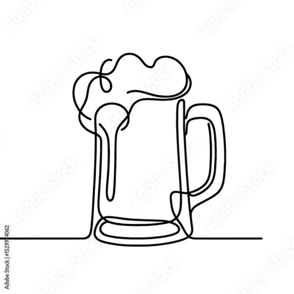 Fototapeta Continuous line vector of beer stein mug overflowing with foam, Oktoberfest celebration mood. Pubs and bars menu, drink festivals, brewery