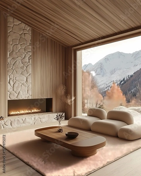 Obraz Modern rustic cabin with a stone fireplace, minimalist furniture, soft lighting, wooden walls and floors, large sliding doors opening to the mountain view