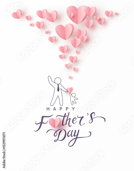 Obraz Father's day postcard with pink paper flying elements on white background. Drawing dad and child. Vector symbols of love in shape of heart for greeting card design
