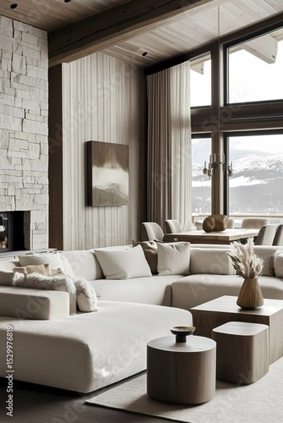 Obraz Open living area in a rustic cabin with stone fireplace, wood paneling, modern touches, cozy textiles, and a comfortable sofa facing the hearth