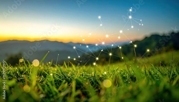 Fototapeta Star Map Unfolds in Midair with Glowing Constellations at Sunset