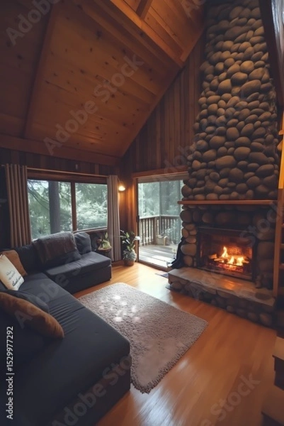 Obraz Open living area in a rustic cabin with stone fireplace, wood paneling, modern touches, cozy textiles, and a comfortable sofa facing the hearth