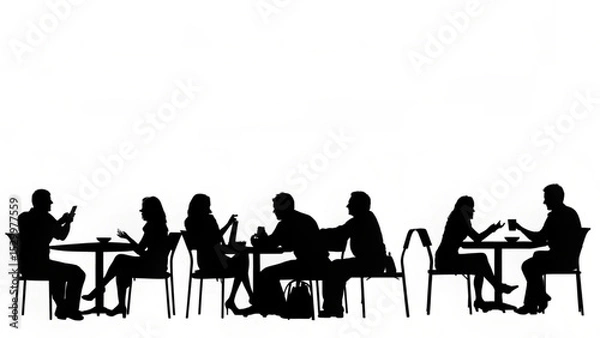 Fototapeta Silhouette of people sitting at tables in an outdoor cafe setting with drinks and mobile phones shown created with generated ai