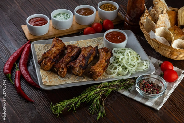 Fototapeta Shashlik with sauces and fresh bread on wooden background